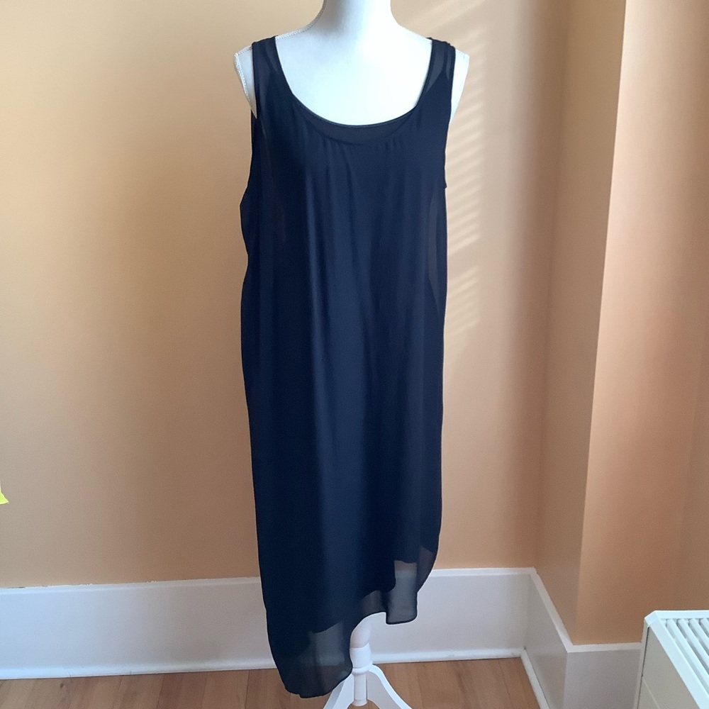 EILEEN FISHER Sheer Silk Georgette Layered Asymmetrical Black Dress Size M - Picture 3 of 15